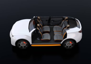 Kesit beyaz yan görünüm elektrik Suv siyah arka plan üzerine kendi kendine arabayı. Ön koltuklar geri döndü. 3D render resim.