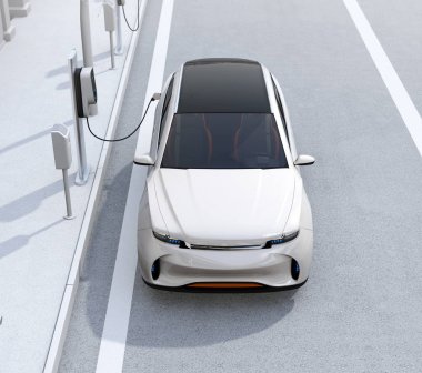 Önden Görünüm beyaz elektrik Suv park yerinde şarj istasyonu sokak ile şarj. 3D render resim.