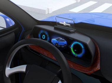Ahşap tepsi Hud ile dijital hız göstergesi closeup görünümü. Elektrikli otomobilin Pano kavramı. 3D render resim.