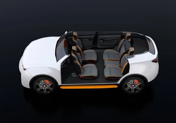 Side view of cutaway white self-driving Electric SUV car on black background. Front seats turned to backward. 3D rendering image.