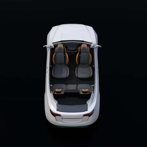 Rear view of cutaway white self-driving Electric SUV car on black background. Front seats turned to backward. 3D rendering image.