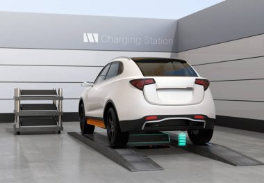 Dikiz elektrik Suv araç Satım aküsü istasyonu swapping batarya. Hızlı pil exchange çözümü. 3D render resim.