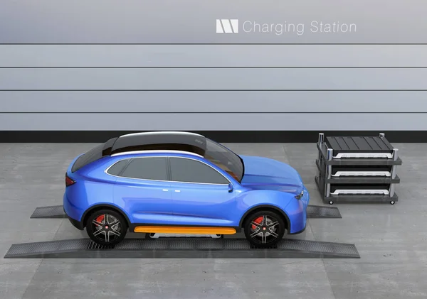 Niebieski Samochód Elektryczny Suv Baterii Zamiana Stacji Pakiet Baterii Lewej — Zdjęcie stockowe