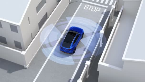 Kék Suv Egyirányú Utcában Észlelt Járműben Holttér Csatlakoztatott Autó Fogalma — Stock videók
