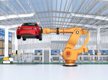 Turuncu ağır siklet robotik kol montaj fabrikasında kırmızı Suv taşıyor. 3D render resim.