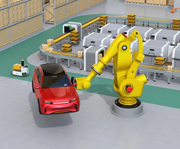 Yellow heavyweight robotic arm carrying red SUV in the assembly factory. 3D rendering image.
