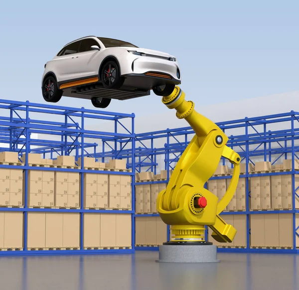Yellow heavyweight robotic arm carrying white SUV in the assembly factory. 3D rendering image.