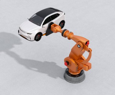 Turuncu ağır siklet robotik kol beton zemin üzerinde beyaz Suv teslim. 3D render resim.