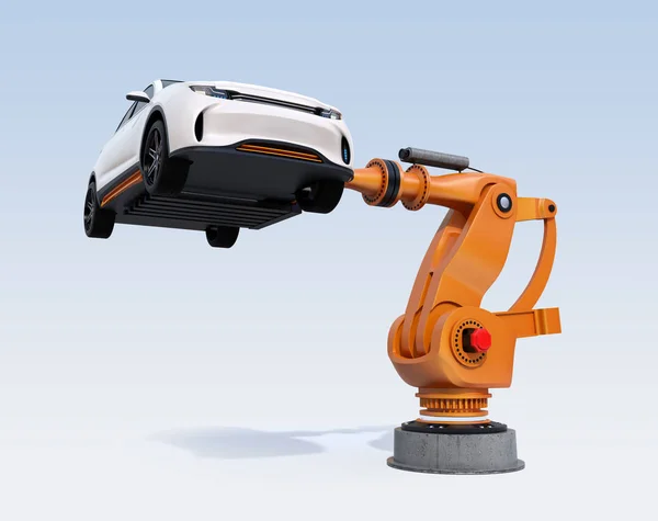 Oranžové Těžký Robotické Rameno Přináší Bílé Suv Světle Modrém Pozadí — Stock fotografie