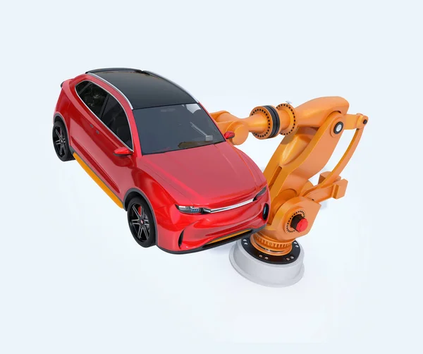 Orange Tungvikt Robotarm Bär Röda Suv För Montering Rendering Bild — Stockfoto