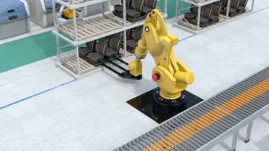 Derleme için Araçlar koltuk taşıyan sarı ağır siklet robot kol. 3D render animasyon.