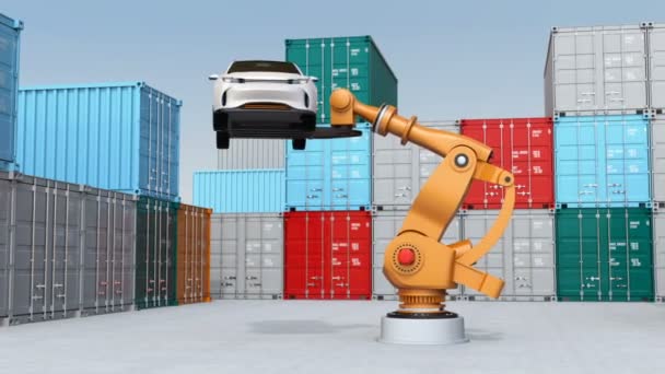 Zwaargewicht Robotarm Witte Suv Cargo Containers Werf Vervoeren Rendering Animatie — Stockvideo