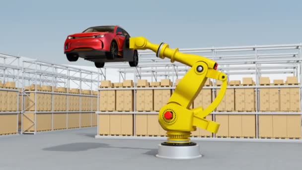 Braccio Robotico Giallo Pesante Con Suv Rosso Nel Centro Logistico — Video Stock