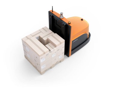 Autonomous forklift carrying pallet of goods isolated on white background. 3D rendering image. clipart
