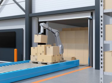 Parsel üzerinden kamyon kargo Konteyner Malzeme çekme sanayi robot. Lojistik otomasyon kavramı. 3D render resim.