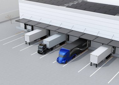 Modern Lojistik Merkezi önünde otopark elektrik kamyon. Çatıda güneş panelleri monte. 3D render resim.