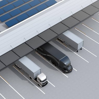 Üstten Görünüm elektrik kamyon modern Lojistik Merkezi önünde otopark. Çatıda güneş panelleri monte. 3D render resim.