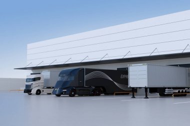 Modern Lojistik Merkezi önünde otopark elektrik kamyon. 3D render resim.