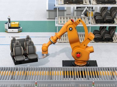 Oto Koltuğu araba montaj üretim hattında taşıyan ağır siklet robot kol. 3D render resim.