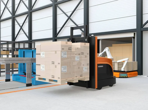 Autonoma Gaffeltruck Transporterar Pall Med Varor Logistikcenter Rendering Bild — Stockfoto