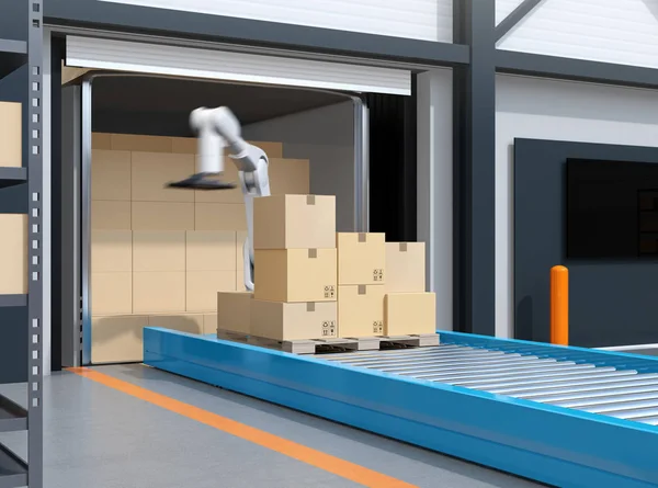 Industry robot picking parcels from truck cargo container. Logistics automation concept. 3D rendering image.
