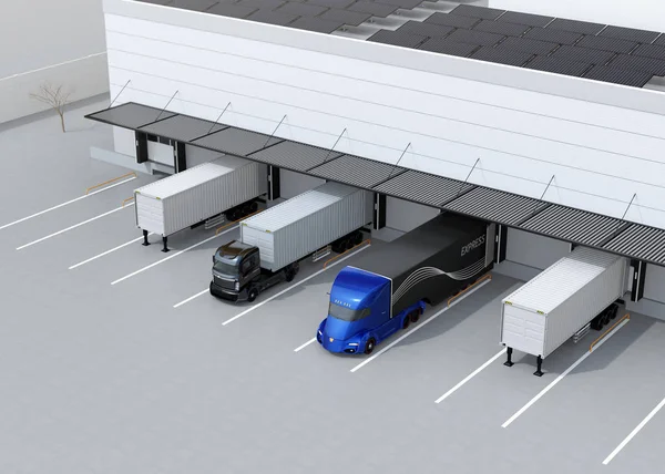 电动卡车停放在现代物流中心前面 太阳能电池板安装在屋顶上 渲染图像 — 图库照片