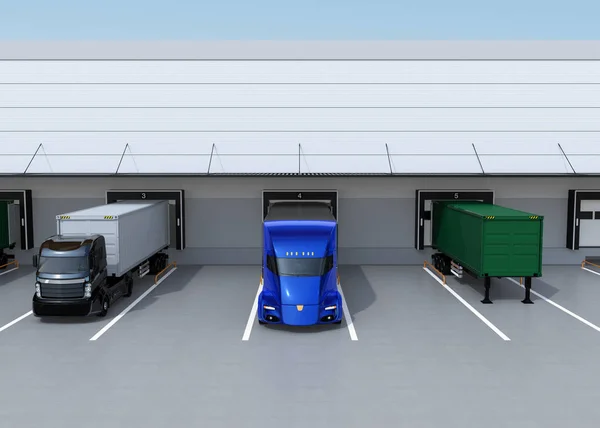 Front view of electric trucks parking in front of modern logistics center. 3D rendering image.