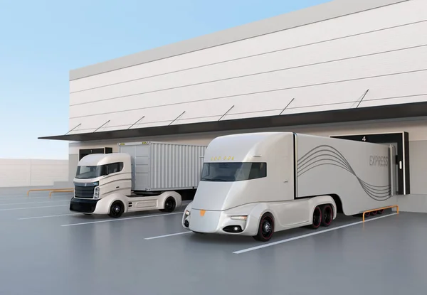 White electric trucks parking in front of modern logistics center. 3D rendering image.