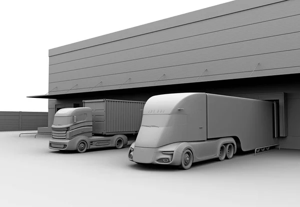 Clay model rendering of electric trucks parking in front of modern logistics center. 3D rendering image.