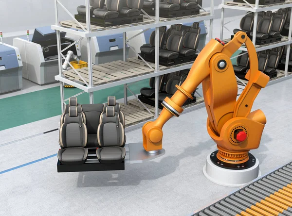 Heavyweight robotic arm carrying car seats in car assembly production line. 3D rendering image.