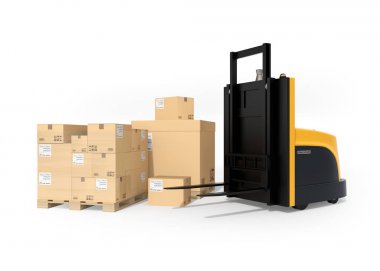 Ahşap palet, beyaz arka plan üzerinde izole forklift kendi kendine sürüş üzerindeki kahverengi karton kutu yığını. 3D render resim.