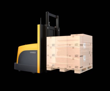 Özerk forklift siyah arka plan üzerine izole malların palet taşımak. 3D render resim.