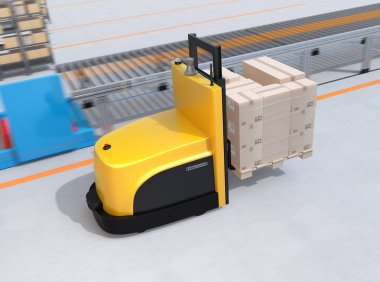 Palet modern Lojistik Merkezi mal taşıyan özerk forklift. 3D render resim.