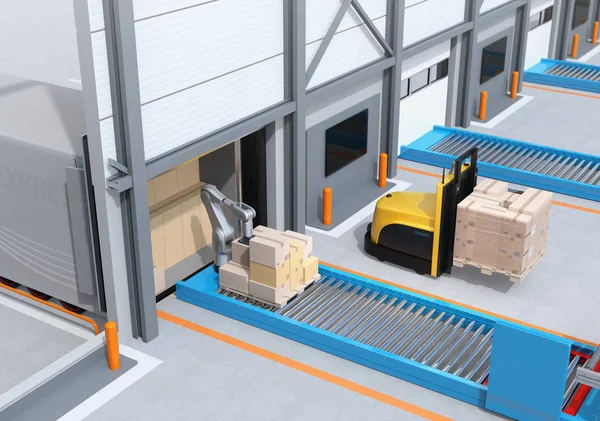 Autonoma Gaffeltruck Transporterar Pall Med Varor Moderna Logistikcenter Rendering Bild — Stockfoto