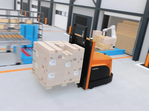 Autonoma Gaffeltruck Transporterar Pall Med Varor Moderna Logistikcenter Rendering Bild — Stockfoto