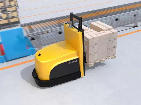 Autonomous Forklift Membawa Palet Barang Pusat Logistik Modern Citra Render — Stok Foto