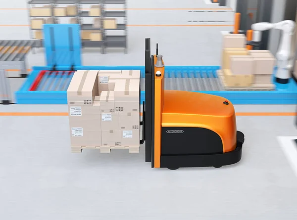 Sidovy Autonoma Gaffeltruck Transporterar Pall Med Varor Moderna Logistikcenter Rendering — Stockfoto
