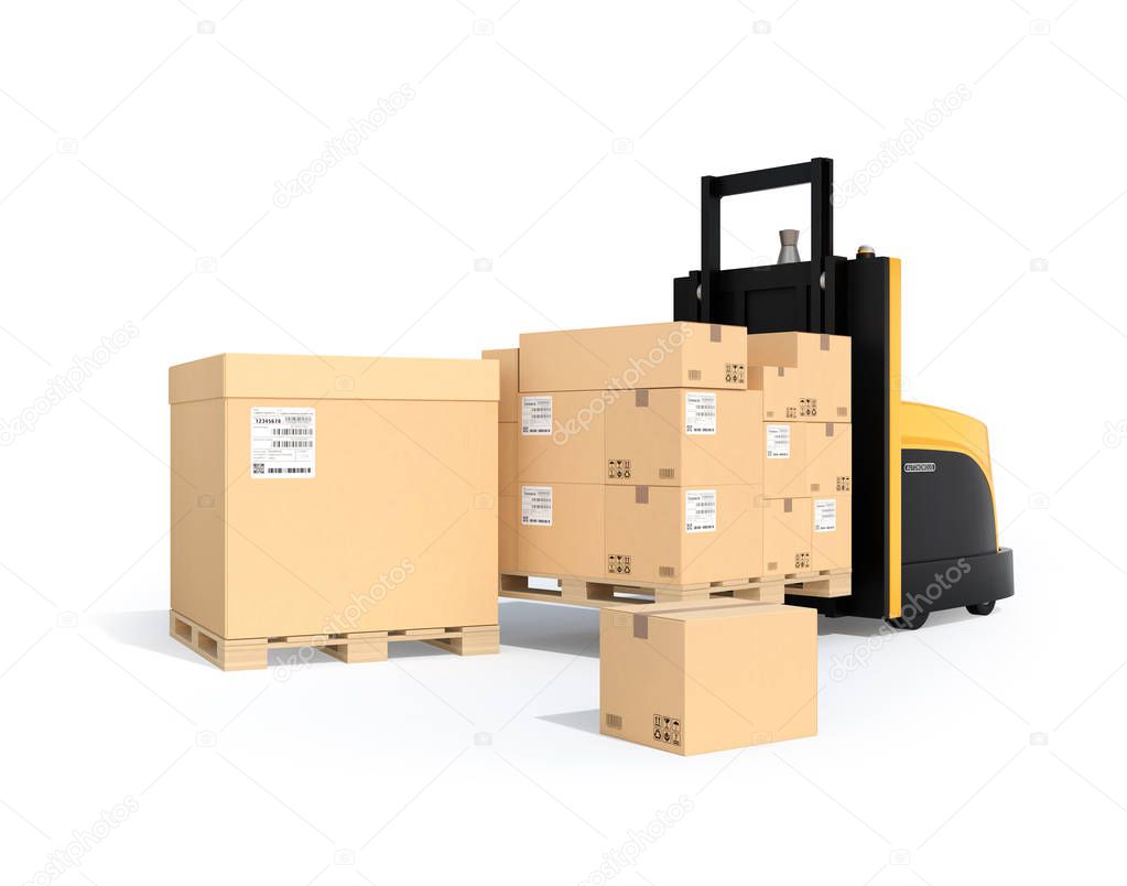 Stack of brown cardboard boxes on wooden pallet, self-driving forklift isolated on white background. 3D rendering image.
