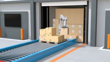 Endüstriyel robot yarı kamyondan boşaltma parsel. Otomatik destekli araç paletleri robotun konuma kümesi taşıyan. Lojistik otomasyon için kavram. 3D render animasyon.