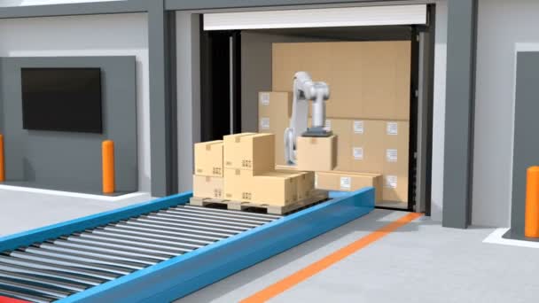 Industrieroboter Entladen Pakete Aus Sattelschleppern Automatisch Gelenktes Fahrzeug Das Paletten — Stockvideo