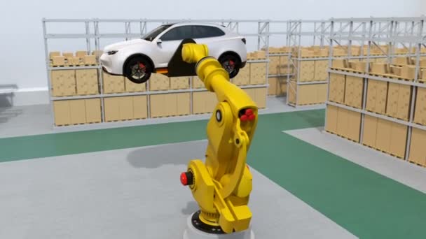 Nahtlose Looping Animation Eines Gelben Roboterarms Mit Weißem Geländewagen Logistikzentrum — Stockvideo