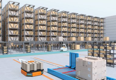 Modern otomatik Lojistik Merkezi iç. AGV ve özerk forklift mal taşıyan. Otomatikleştirilmiş lojistik çözüm için kavram.