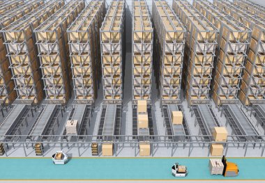 Modern otomatik Lojistik Merkezi önden görünümü iç. AGV ve özerk forklift mal taşıyan. Otomatikleştirilmiş lojistik çözüm için kavram.
