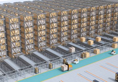 Modern otomatik Lojistik Merkezi iç. AGV ve özerk forklift mal taşıyan. Otomatikleştirilmiş lojistik çözüm için kavram.