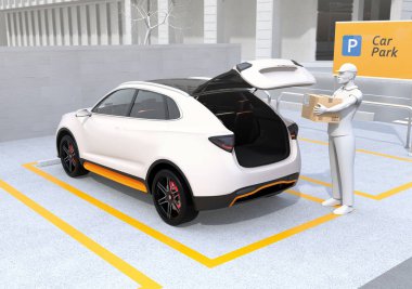 Beyaz araba bagajı için karton kutu taşıyan teslim personel. Konsept araç gövde teslimat servisi için. 3D render resim.