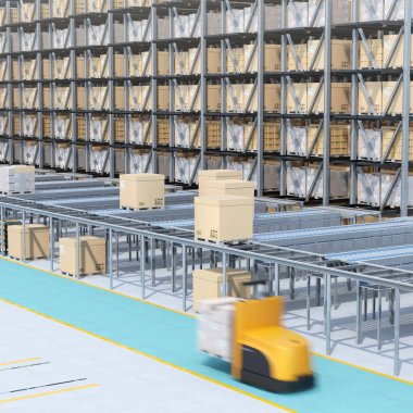 Modern otomatik Lojistik Merkezi iç. AGV ve özerk forklift mal taşıyan. Otomatikleştirilmiş lojistik çözüm için kavram.