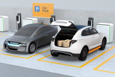 Beyaz Suv gövde ile park yerinde açıldı, karton kutular içinde. Konsept araç gövde teslimat servisi için. 3D render resim.