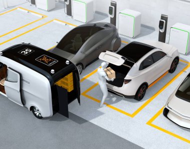 Beyaz araba bagajı için karton kutu taşıyan teslim personel. Konsept araç gövde teslimat servisi için. 3D render resim.