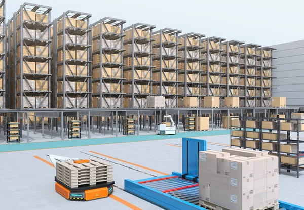 Modern Automated Logistics Center\'s interior. AGV and autonomous forklift carrying goods. Concept for automated logistics solution.