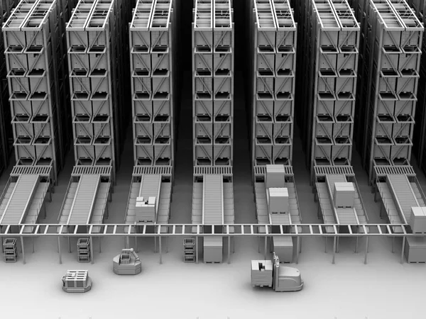 Clay rendering of modern Automated Logistics Center\'s interior. AGV and autonomous forklift carrying goods. Concept for automated logistics solution.